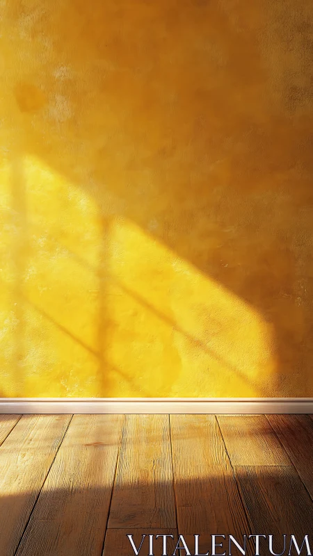 Sunlit yellow wall and wooden floor catching quiet daylight.