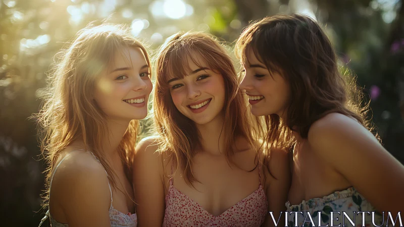 Three Young Women Smiling Outdoors in Soft, Sunlit Portrait Style.