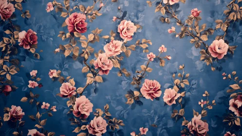 Soft pink roses drift across a dreamy blue vintage wall