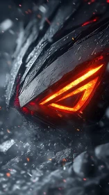 Glowing red mechanical eye burns through wet metallic armor