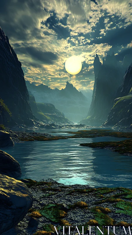 Digital river valley under oversized sun and dense clouds