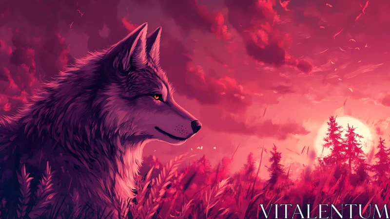 Luminous wolf profile under chromatic magenta sunset sky.