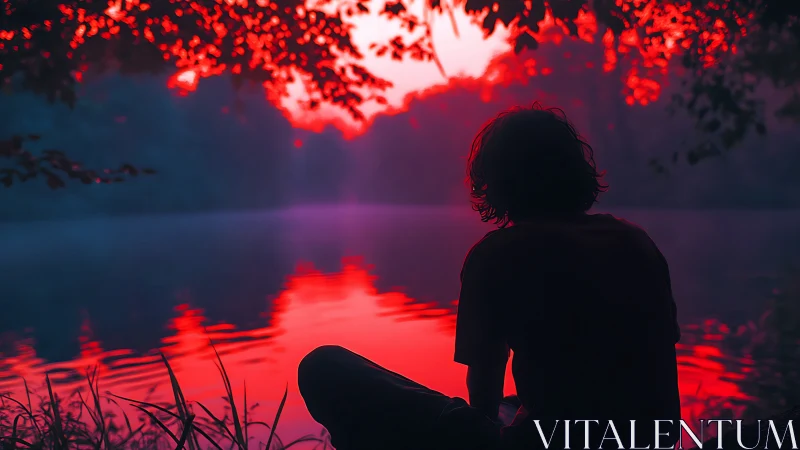 Silhouette by vivid red lake under evening foliage glow.
