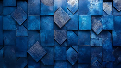 Midnight blue mosaic of stacked geometric tiles in motion.