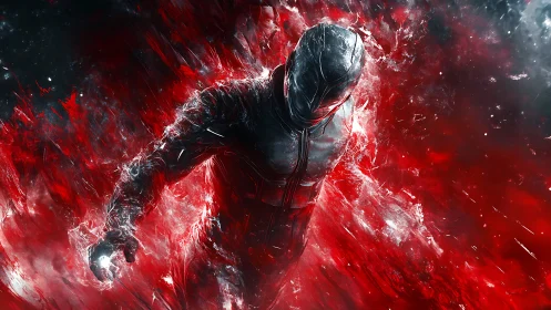 Armored figure strides through explosive red energy field