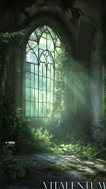 Sunlit ruin chapel window glows as nature slowly reclaims