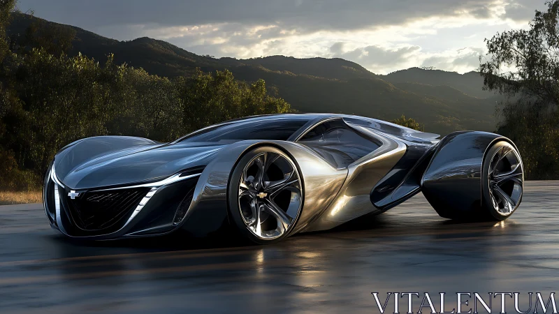 Futuristic silver concept car glowing in soft evening light.