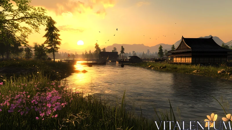 Sunset river pirouettes beside a quiet Japanese teahouse