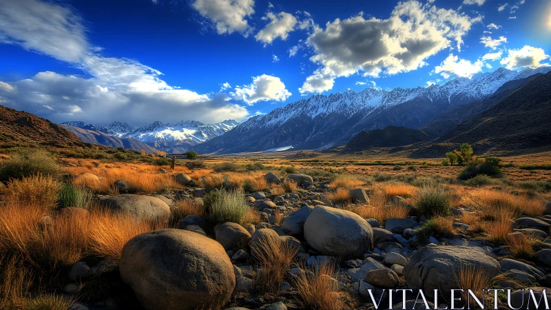 High dynamic range alpine valley with rocks under dramatic sky