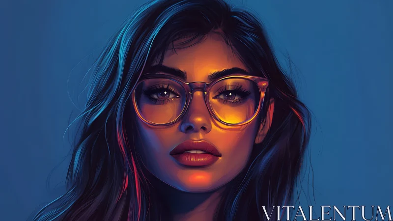 Digital portrait shows woman with glowing glasses and neon light