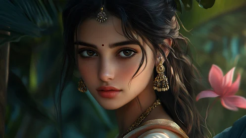Digital portrait of Indian woman in lush tropical garden.