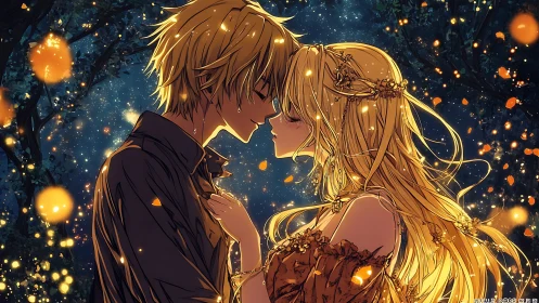Romantic anime couple embracing under glowing night sky.