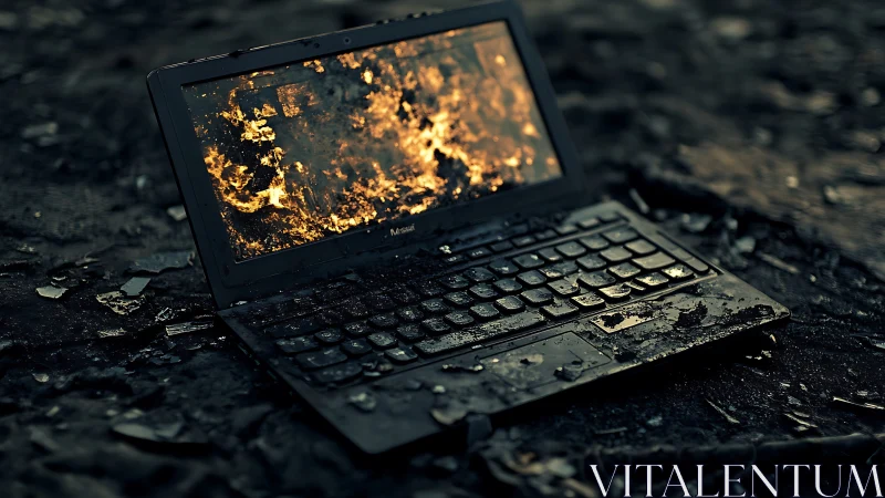 Burned laptop lies in wet debris with fire on screen surface