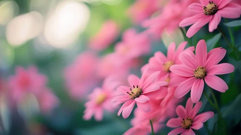Pink daisy flowers with selective focus in garden setting.