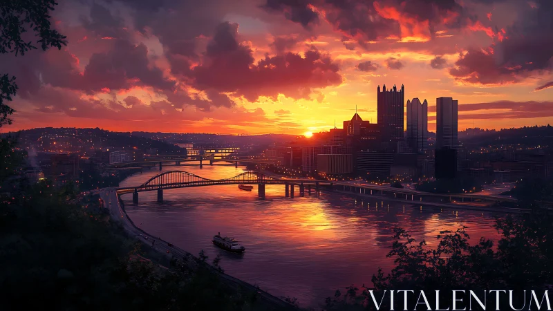 Sunset illuminates a riverfront city skyline and bridges