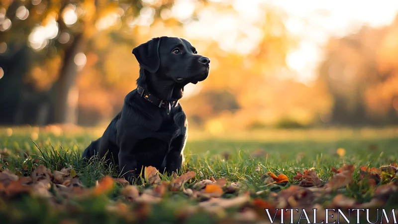 Black labrador rests on autumn grass in warm sunset light