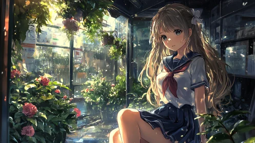 Schoolgirl rests in rainlit greenhouse garden interior