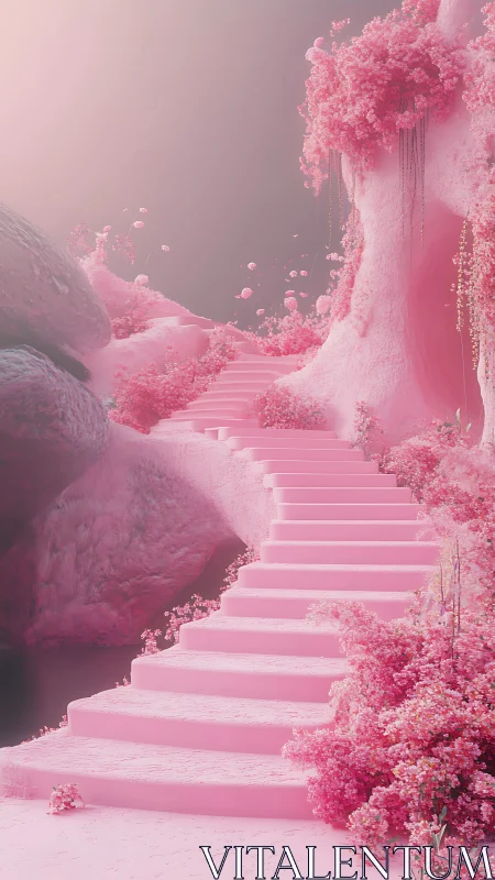 Monochrome pink staircase ascending through floral canyon.