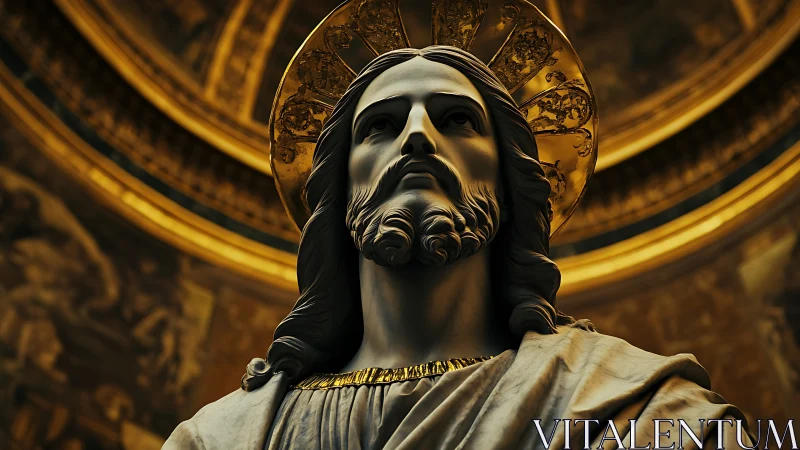 Marble religious statue with halo in ornate interior space.