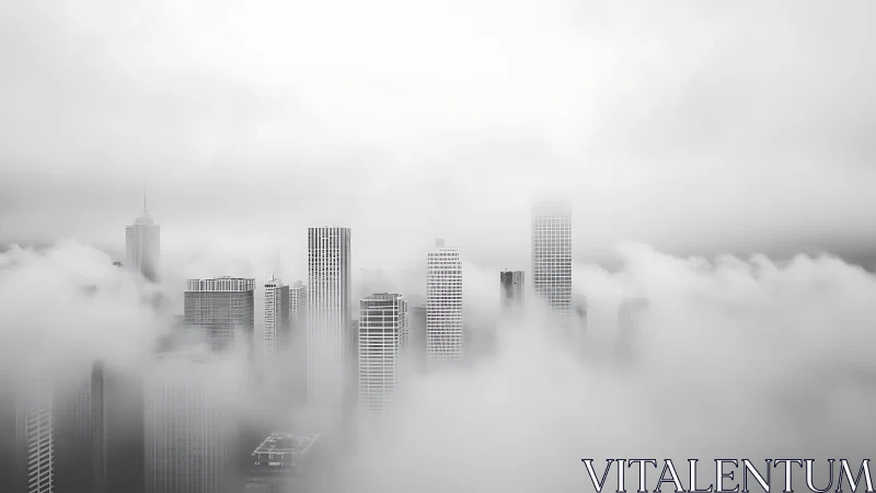 Fog-shrouded skyscrapers emerge through a quiet white sky.