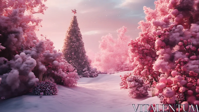 Dreamy pink winter path leads toward a glowing festive tree