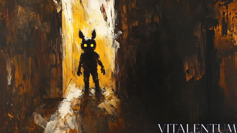 Silhouette creature with glowing eyes in molten ochre corridor.