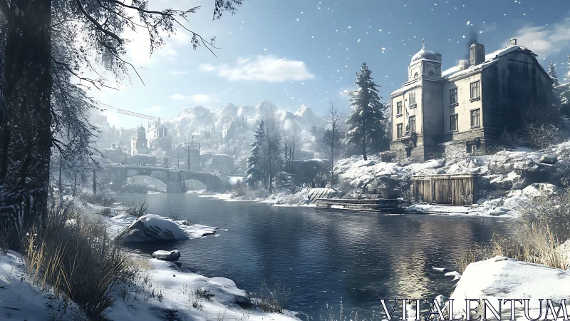 A Winter's Peaceful Retreat by the Frozen River.