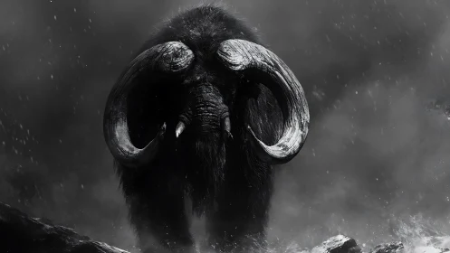 Storm-lashed mammoth strides through mist in stark monochrome