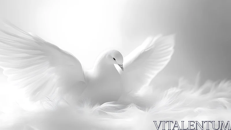 White dove with open wings on soft feathered surface.
