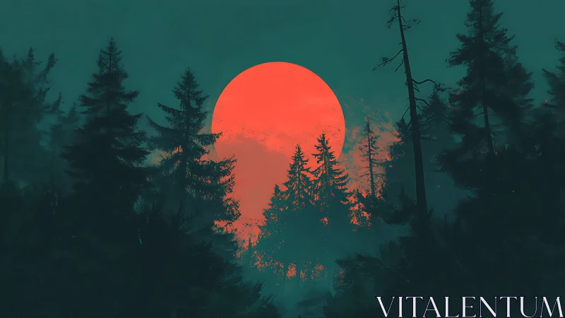 Crimson moonrise illuminating misty evergreen forest silhouettes.