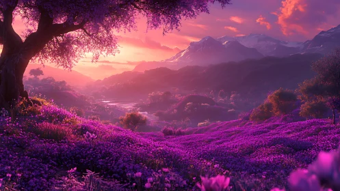 Iridescent violet valley unfolds beneath a luminous sunset sky