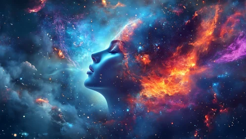 Human profile integrated with nebula and star field composition.