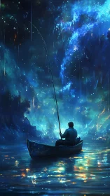 Lone night fisherman drifting beneath a glowing cosmic sky.