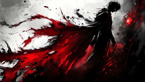 Silhouetted warrior with abstract red energy cloak eruption