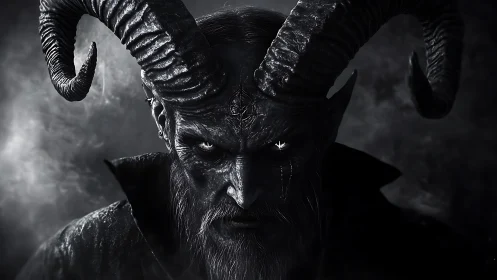 Horned demonic figure stares forward in high contrast lighting