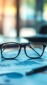 Glasses rest on business charts in calm analytic light