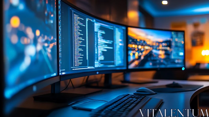 Cozy triple-monitor coding desk glowing with city lights.