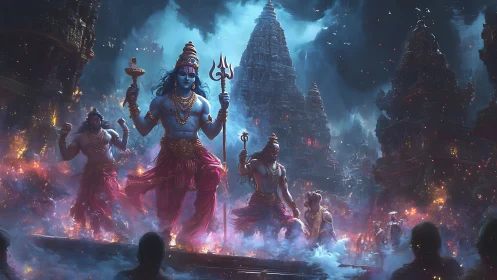 Mythic blue deities stride through blazing temple city.