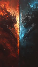 Fire and ice demonic titans locked in vertical standoff.