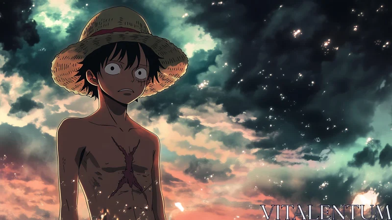 Straw hat youth with chest scar under luminous storm sky.