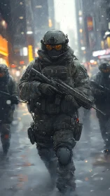 Stormwalk squad in neon rain, armor humming with intent.
