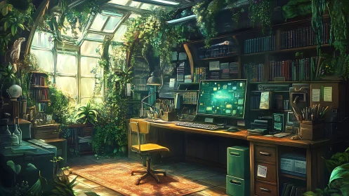 Sunlit botanical study merges cozy library and digital workspace