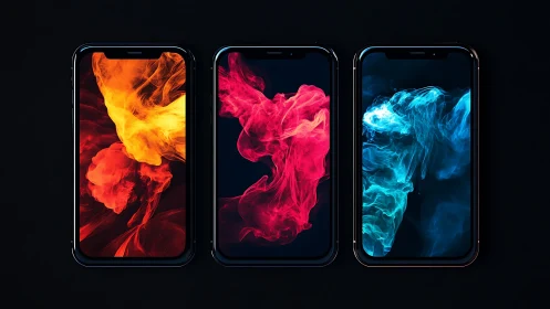 Three smartphones with abstract colored smoke wallpapers.