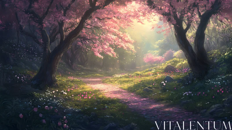 Enchanted Forest Path Through Blooming Pink Trees.