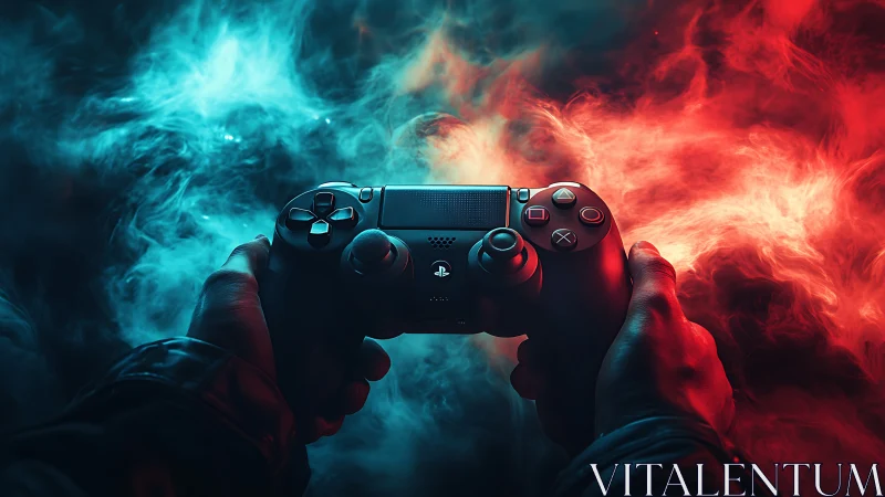 Dual-color gamer controller in vivid cinematic smoke glow.