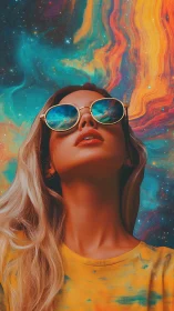Cosmic daydream in mirrored sunglasses and swirling color.