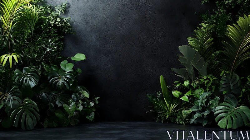 Lush tropical foliage framing dark textured wall composition.