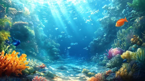 Sunlit coral canyon hums while tiny reef wanderers glide