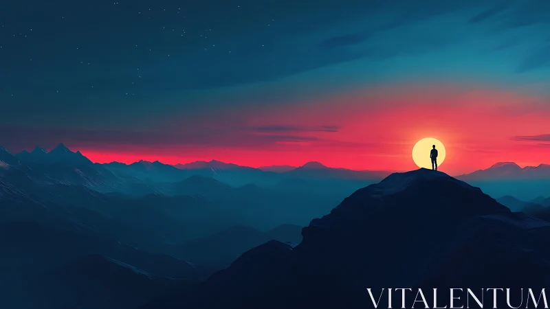 Silhouette stands on mountain peak before stylized sunset