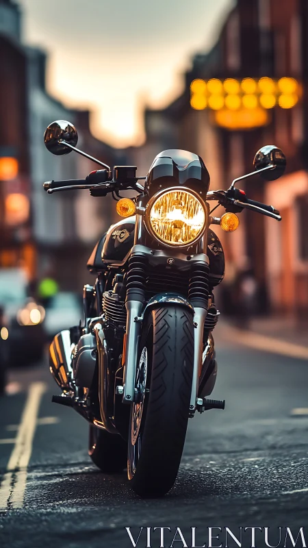 Motorcycle stands on urban street with headlight illuminated